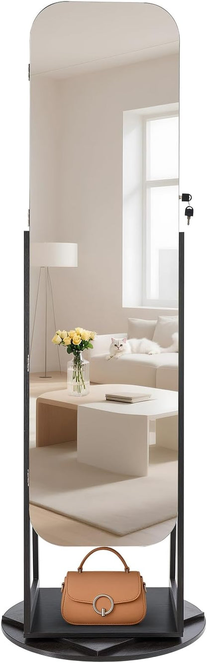 VEVOR 360° Swivel Jewelry Cabinet, 63-inch Tall, Full-Length Mirror with Storage, Standing Rotatable Jewelry Armoire Organizer, Lockable Door with 2 Keys, Accessory Pouches, and Storage Shelves