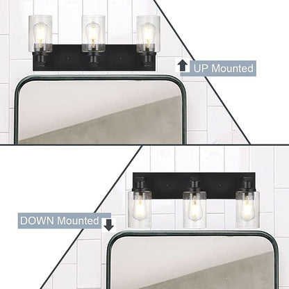 Vanity Lights 3-Lights Bathroom Light Fixtures Over Mirror in Black Finished, Bath Wall Lighting with Cylinder Seeded Glass