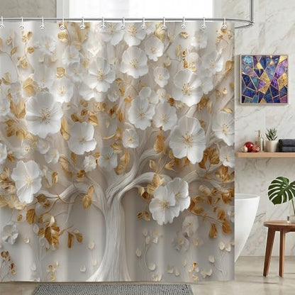 Moonslim White Gold Floral Tree Shower Curtain, Modern Aesthetic Elegant Bathroom Decor Waterproof Polyester Fabric Bath Curtain with Hooks 72x72 Inch