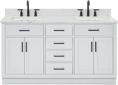 ARIEL Hepburn 60-inch Bathroom Vanity with Sink,Solid Wood, 0.75-inch Italian Carrara Marble Countertop, Double Rectangular Porcelain Sink, 4 Soft Closing Doors, 6 Dovetail Drawers, Grey