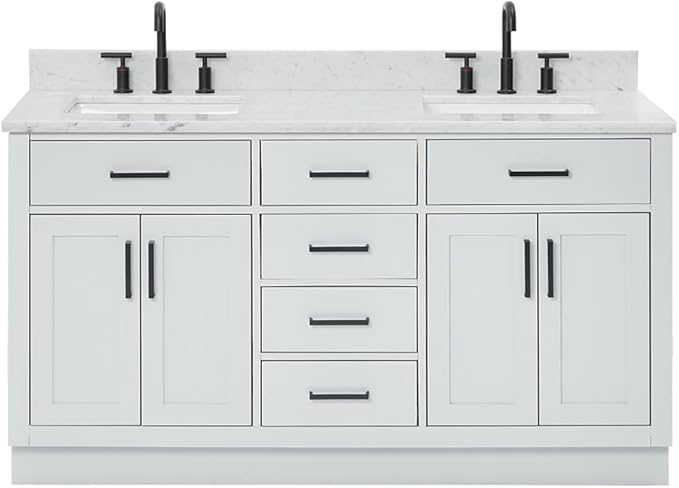 ARIEL Hepburn 60-inch Bathroom Vanity with Sink,Solid Wood, 0.75-inch Italian Carrara Marble Countertop, Double Rectangular Porcelain Sink, 4 Soft Closing Doors, 6 Dovetail Drawers, Grey