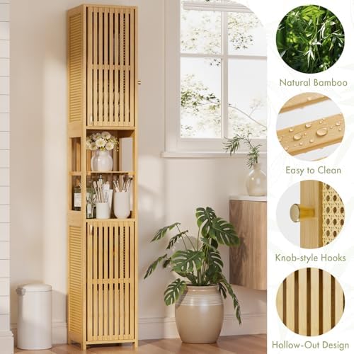 Amazer 70'' Tall Bathroom Storage Cabinet Bamboo, Narrow Storage Cabinet with Rattan Doors and Adjustable Shelves, Slim Freestanding Organizer for Living Room, Kitchen, Natural Color