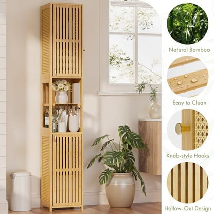 Amazer 70'' Tall Bathroom Storage Cabinet Bamboo, Narrow Storage Cabinet with Rattan Doors and Adjustable Shelves, Slim Freestanding Organizer for Living Room, Kitchen, Natural Color