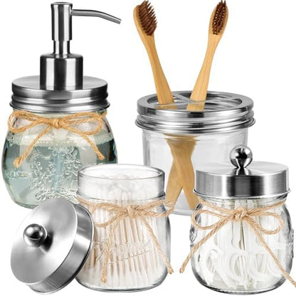 Amolliar Glass Mason Jar Bathroom Accessories Set 4 Pcs (Brushed Nickel)