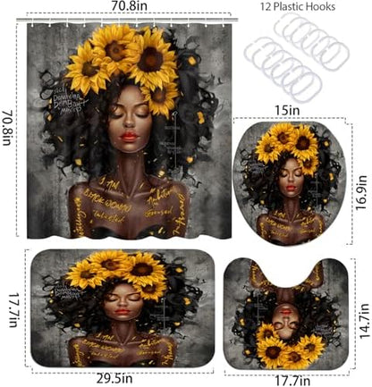 4PCS Shower Curtain Set with Waterproof Shower Curtain Non-Slip Bath Mat Rug and Toilet Lid Cover, Inspirational Quote Africa American Black Queen Fathers Day Bathroom Decor Set