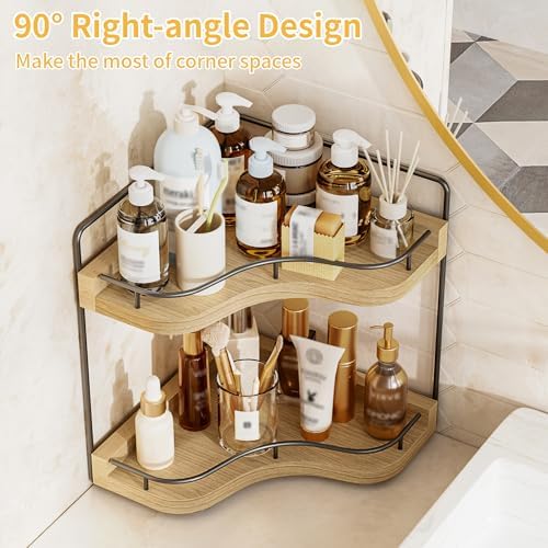 2-Tier Corner Bathroom Counter Organizer, Larger, Light Walnut