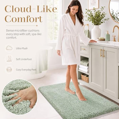 Yimobra Luxury Bathroom Rugs, Fluffy Bath Mats, Non Slip, Water Absorbent Microfiber, Machine Washable, Plush Runner Shower Rugs, Thick Matts for Bathroom Floor&Tub, 56" X 24", Light Green and White