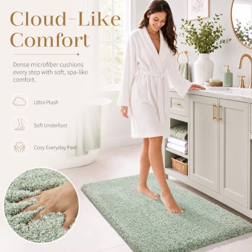 Yimobra Luxury Bathroom Rugs, Fluffy Bath Mats, Non Slip, Water Absorbent Microfiber, Machine Washable, Plush Runner Shower Rugs, Thick Matts for Bathroom Floor&Tub, 47" X 24", Light Green and White