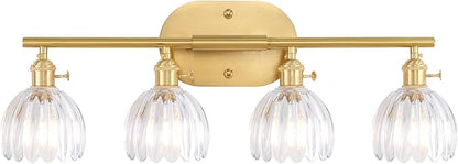 Bathroom Light Fixtures, 4-Light Brass Vanity wall Light Over Mirror with Clear Tulip Glass Shade for Bedroom Living Room (Bulb Not Included)