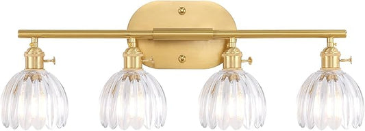 Bathroom Light Fixtures, 4-Light Brass Vanity wall Light Over Mirror with Clear Tulip Glass Shade for Bedroom Living Room (Bulb Not Included)