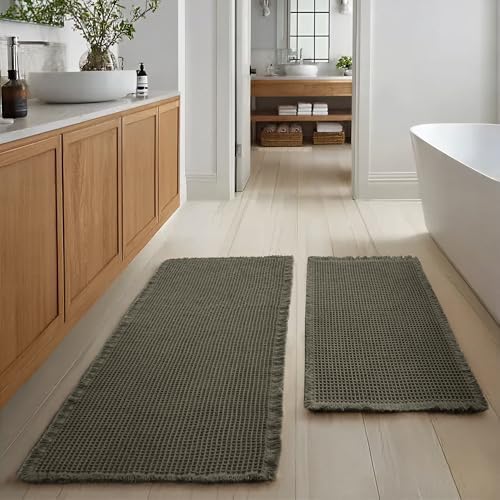 JIUZHEN Set of 2 Waffle Bath Mats Boho Bathroom Runner Rug 20"x32"+24"x48"