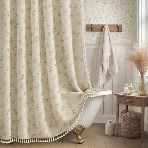 Green Floral Farmhouse Vintage Linen Shower Curtain with Tassel 72Wx72H