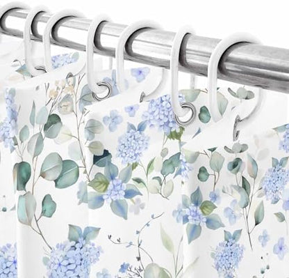 Shower Curtain Bathroom Set Summer Watercolor Blue Hydrangea Waterproof Fabric Shower Curtains with Grommets&Hooks Pastoral Eucalyptus Leaf Privacy Bath Curtain for Bathtub Decor 60x72IN