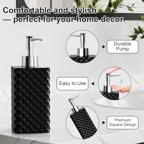 Bathroom Accessories Set Resin 6PCS, Square Toothbrush Holders Set Complete with Soap Dispenser, Vanity Tray, Tumbler, Cups and Cotton Swab Jars (Black Diamond, Resin Bath 6 PCS)