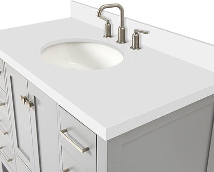 ARIEL Cambridge 42-inch Bathroom Vanity with Sink,Solid Wood, 1.5-inch Pure White Quartz Countertop & Backsplash, Single Oval Porcelain Sink, 2 Soft Closing Doors, 9 Dovetail Drawers, Grey