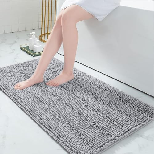 Grandaily Chenille Striped Bathroom Rugs 47x24, Extra Thick and Absorbent Bath Mats, Non-Slip Soft Plush Shaggy Shower Carpet, Machine Wash Dry, Bath Rug for Bathroom, Light Grey