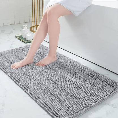 Grandaily Chenille Striped Bathroom Rugs 47x24, Extra Thick and Absorbent Bath Mats, Non-Slip Soft Plush Shaggy Shower Carpet, Machine Wash Dry, Bath Rug for Bathroom, Light Grey
