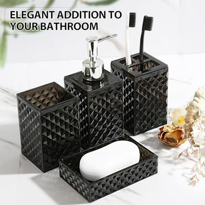 RYTOXILO Black Bathroom Accessories Set, 4 Pack Matte Black Bath Accessory Sets Complete, Acrylic Soap Dispenser and Toothbrush Holder Set for Bathroom Counter Sink, Modern Bathroom Decor
