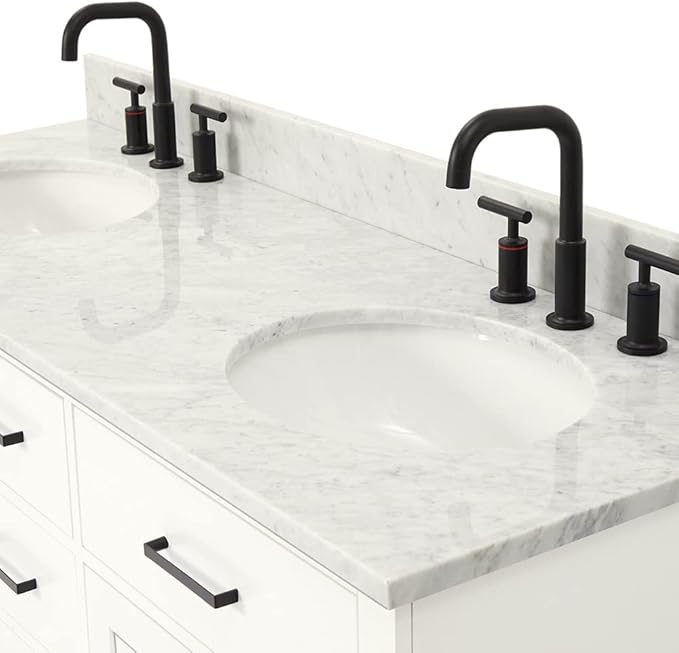 ARIEL Hepburn 60-inch Bathroom Vanity with Sink,Solid Wood, 0.75-inch Italian Carrara Marble Countertop & Backsplash, Double Oval Porcelain Sink, 4 Soft Closing Doors, 6 Dovetail Drawers, White