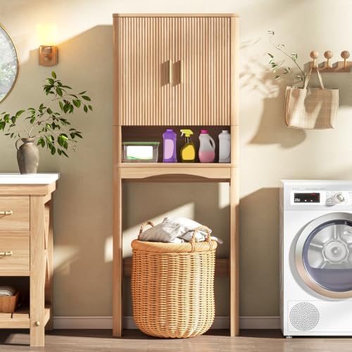 Vabches Farmhouse Over the Toilet Storage Cabinet with 2 Fluted Doors, Oak