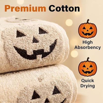 2 Pack Halloween Hand Towels 100% Cotton Jacquard ack-O'-Lantern Halloween Kitchen Towels White Bathroom Towels Set Seasonal Bathroom Decor(Beige ack-O'-Lantern)