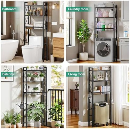 Kalrin Over The Toilet Storage with X Shape Side Guardrail, 3-Tier Over Toilet Storage Rack with Drain Basket, Freestanding Bathroom Organizer for Balcony Laundry, Pure Black