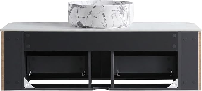 48" Floating Bathroom Vanity with Carrara Finish Sink, Honey Oak | Pre-Assembled Fluted Wall Mounted Vanity with Ceramic Vessel Sink, Rounded Edges, Soft-Close Drawer & Towel Rack