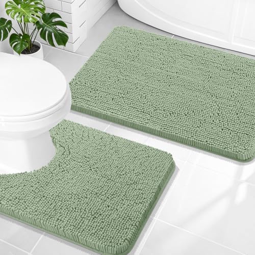 OLANLY Chenille Bathroom Rugs Mats Set 2 Piece, 30"x20"+24"x20", Sage Green