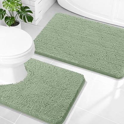 OLANLY Chenille Bathroom Rugs Mats Set 2 Piece, 30"x20"+24"x20", Sage Green