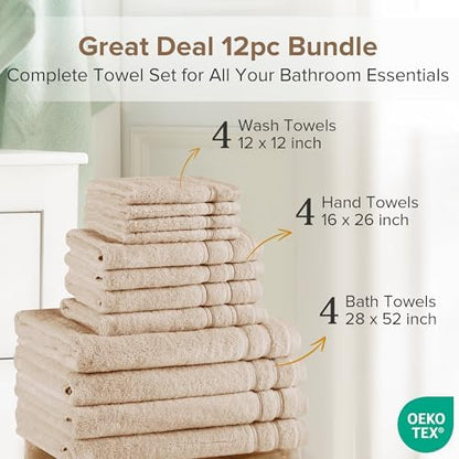 Comfort Spaces 12 Pc Towel Set, 100% Cotton Zero Twist, Beige Tan