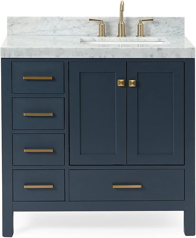ARIEL Cambridge 36-inch Bathroom Vanity with Sink,Solid Wood, 2-inch Italian Carrara Marble Countertop, Single Rectangular Porcelain Sink, 2 Soft Closing Doors, 5 Dovetail Drawers, Midnight Blue