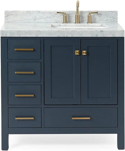 ARIEL Cambridge 36-inch Bathroom Vanity with Sink,Solid Wood, 2-inch Italian Carrara Marble Countertop, Single Rectangular Porcelain Sink, 2 Soft Closing Doors, 5 Dovetail Drawers, Midnight Blue