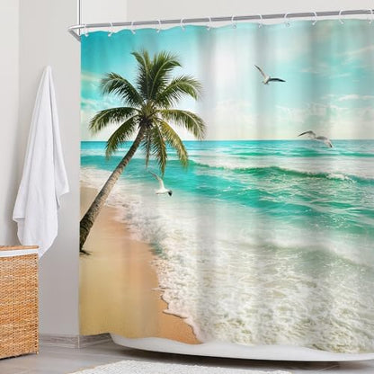Ocean Coastal Beach Hawaiian Tropical Seagull Bathroom Shower Curtain Set