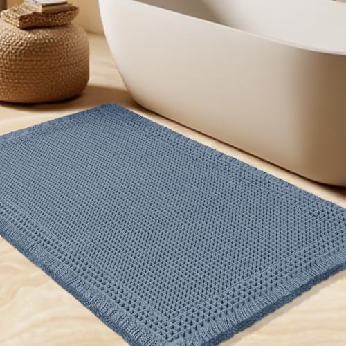 IM HOME Upgrade Waffle Bath Mat, Boho Bathroom Rugs Absorbent Non Slip, Ultra Soft Bathroom Mat, Machine Washable Knit Bath Rugs with Border for Bathroom, Bedroom, Kitchen, Shower, Tub, 32"x20", Blue