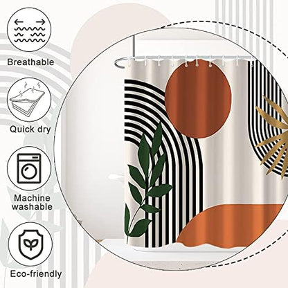 Stall Shower Curtain, Ruelvth Mid Century Boho Abstract Minimalist Sunrise Shower Curtain Set Orange Waterproof Polyester Morden Abstract Leaves and Arch Fabric Bathroom Curtain with Hooks, 36x72 Inch