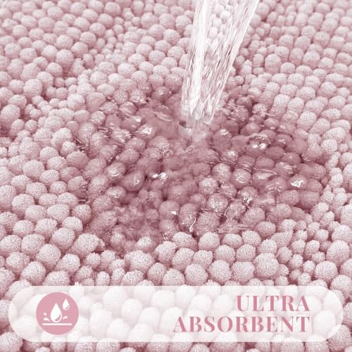 Bcoimo Bath Rug Mat,30x20 Chenille Non Slip Pink Bathroom Floor Shower Mats