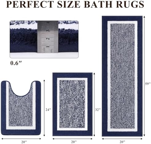 Pauwer Bathroom Rug Sets 3 Piece, Non Slip Washable Bath Mat, Navy