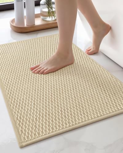 Color&Geometry 17"x29" Chenille Boho Bathroom Rug with Rubber Backing,Khaki