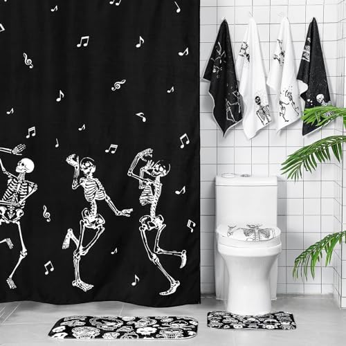 Honoson 8 Pcs Halloween Skeleton Shower Curtain Set