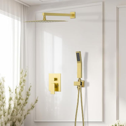 Shower System Shower Faucet Set, STARBATH 10" Wall Mount Rain Shower Head and Handheld Spray for Two Person, Rainfall Shower System with Diverter Valve and Trim Kit Complete,Brushed Gold