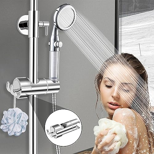 OSDUE Shower Head Holder, 16-27mm Slider Bar Adjustable Shower Head Holder for Slide Bar Slider Clamp Bathroom Replacement, 360 Degree Rotating Sprayer Holder with 2 Hooks, Chrome Finish - Silver