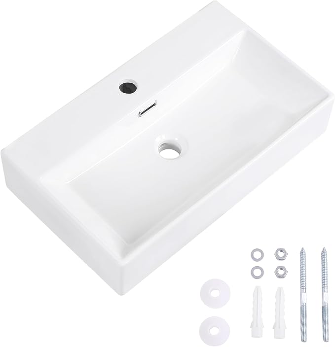 Wall Mount Bathroom Sink 24"x14" Small Vessel Sink Wall Mounted Rectangular Wall Hung Mini White Porcelain Ceramic Floating Tiny Sink with Overflow, Durable, Space-Saving, Ideal for Home,RV