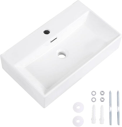 Wall Mount Bathroom Sink 24"x14" Small Vessel Sink Wall Mounted Rectangular Wall Hung Mini White Porcelain Ceramic Floating Tiny Sink with Overflow, Durable, Space-Saving, Ideal for Home,RV