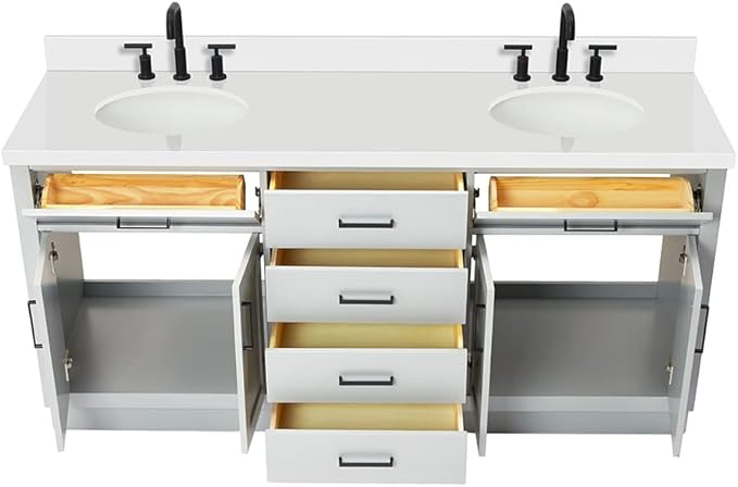ARIEL Hepburn 72-inch Bathroom Vanity with Sink,Solid Wood, 1.5-inch Pure White Quartz Countertop & Backsplash, Double Oval Porcelain Sink, 4 Soft Closing Doors, 6 Dovetail Drawers, Grey