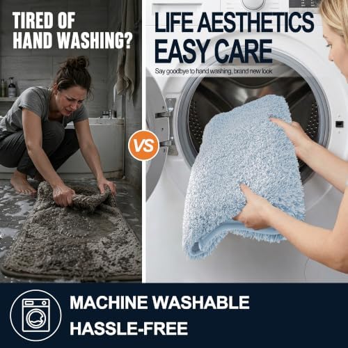 OLANLY Microfiber Bathroom Rugs 34x21, Quick Dry Mat, Airy Blue and White
