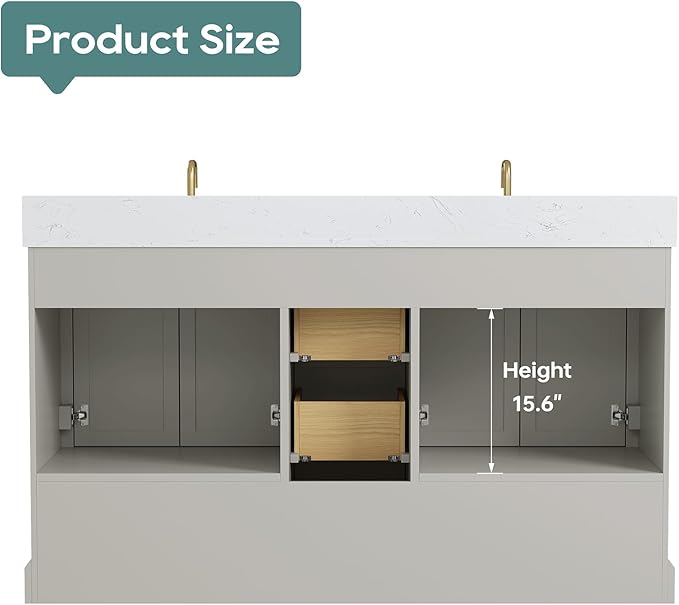 60 Inch Bathroom Vanity with Double Sink Combo, Solid Wood Frame with Mable Top &Backspalsh, Fully-Assembled with Soft-Closing Doors & 5 Drawers, Greige