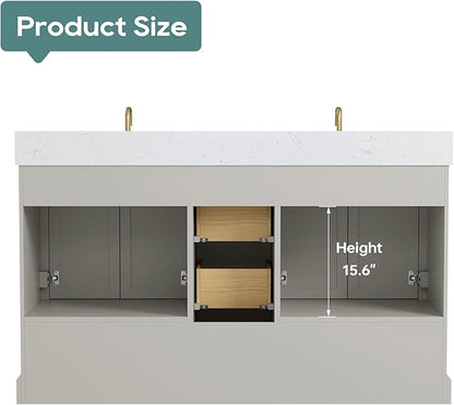 60 Inch Bathroom Vanity with Double Sink Combo, Solid Wood Frame with Mable Top &Backspalsh, Fully-Assembled with Soft-Closing Doors & 5 Drawers, Greige