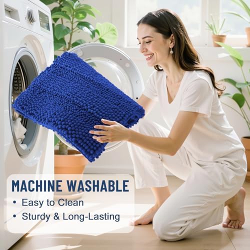 Grandaily Chenille Striped Bathroom Rugs 30x20, Extra Thick and Absorbent Bath Mats, Non-Slip Soft Plush Shaggy Shower Carpet, Machine Wash Dry, Bath Rug for Bathroom, (Medium, Cobalt Blue)