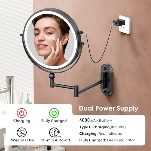 ZLOKLA 9" Wall Mounted Lighted Makeup Mirror,4000mAh Rechargeable Double Sided 1X/20X Magnifying Mirror with Light,Touch Dimmable,Extended Arm 360 Rotation Wall Mounted Makeup Mirror 3 Color Lights-B