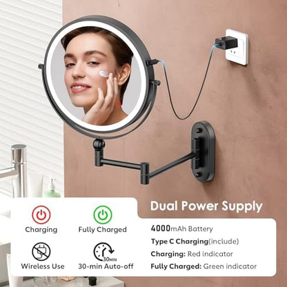 ZLOKLA 9" Wall Mounted Lighted Makeup Mirror,4000mAh Rechargeable Double Sided 1X/20X Magnifying Mirror with Light,Touch Dimmable,Extended Arm 360 Rotation Wall Mounted Makeup Mirror 3 Color Lights-B